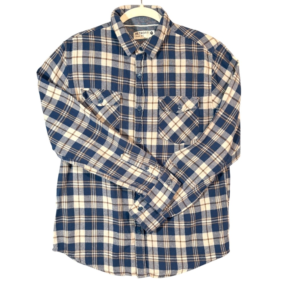 Retrofit Plaid Flannel Shirt Mens S. Med Blue Cream Long Sleeve Cotton Cabincore